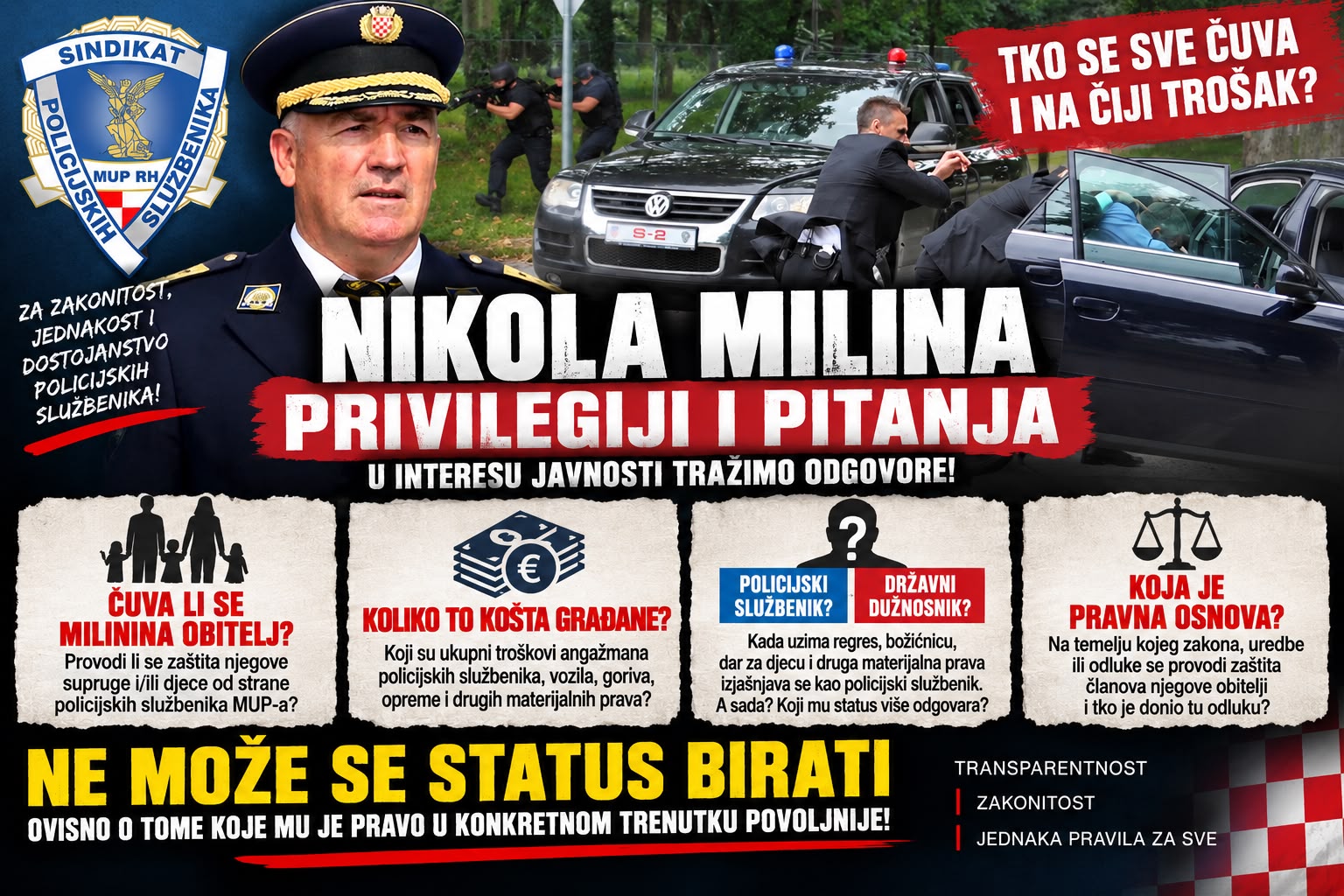 Pitali smo premijera Plenkovića je li Milini policija čuva obitelj, na što ima pravo samo I. kategorija štićenih osoba i Miliinu koji si sada status bira, policijskog službenika ili državnog dužnosnika?